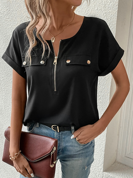 

Simple Plain Loose Crew Neck Shirt, Black, Shirts & Blouses