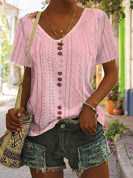 

Plain V Neck Casual T-Shirt, Pink, T-Shirts