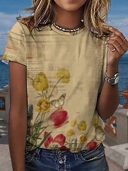 

Lilicloth x Iqs Floral Print Women's T-Shirt, Khaki, T-shirts