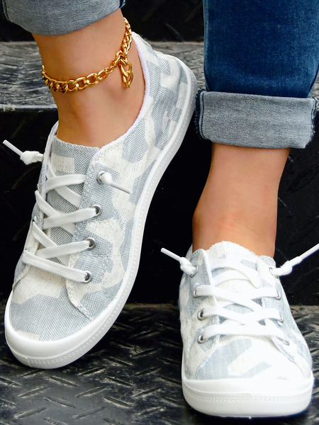 

Colorblock Graphic-Print Lace-Up Canvas Flats, As picture, Sneakers