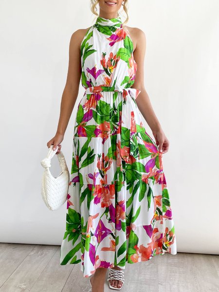 

Halter Vacation Sleeveless Floral Dress, Green, Maxi Dresses