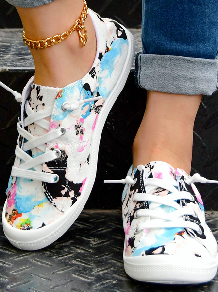 

Color Block Graphic-Print Lace-Up Canvas Flats, As picture, Sneakers