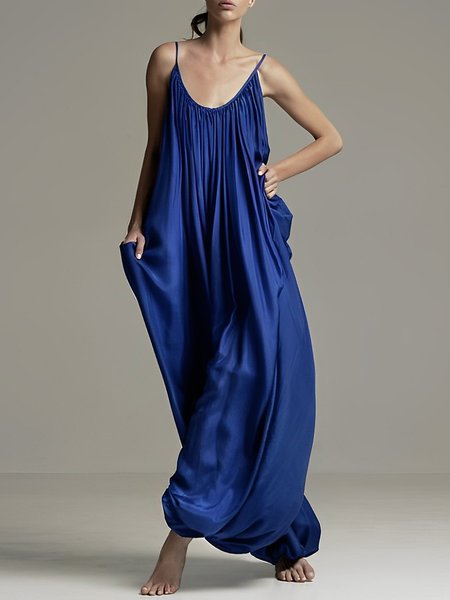 

Loose Spaghetti Vacation Plain Dress, Blue, Maxi Dresses