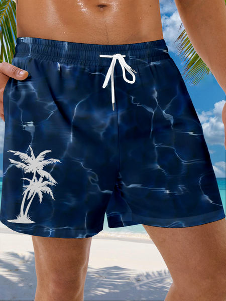 

Coconut Tree Drawstring Beach Shorts, Blue, Men's shorts