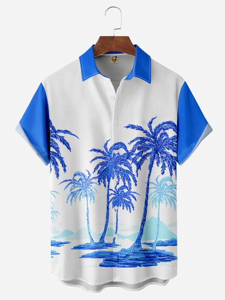 

Coconut Tree Chest Pocket Short Sleeve Hawaiian Shirt, Blue, Men Shirts