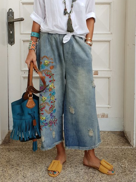

boho stretch waist embroidered denim wide-leg pants, Denim blue, Jeans
