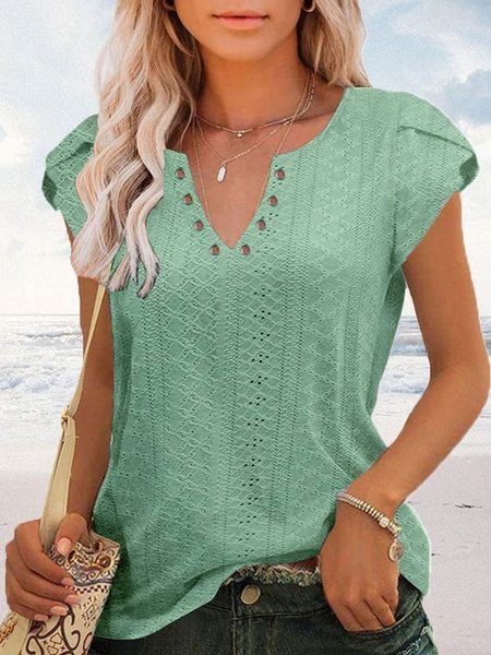 

Women's Eyelet Tops V Neck Vacation Plain Skin-friendly and Breathable Shirt, Green, Shirts & Blouses