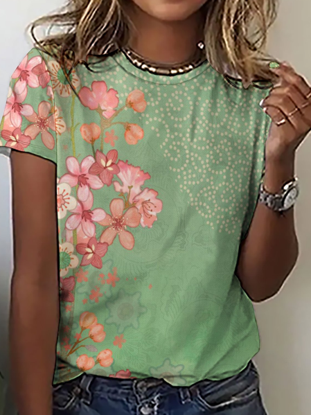 

Women's Simple Floral Loose T-Shirt, Green, T-shirts