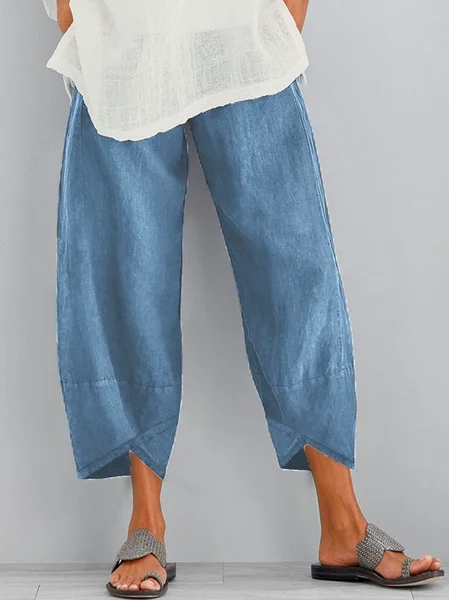 

Casual Baggy Plain Linen & Cotton Cropped Pant, Blue, Pants