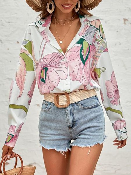 

Urban Floral Loose Shirt Collar Blouse, As picture, Blouses and Shirts