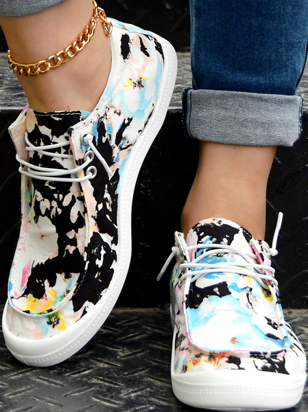 

Color Block Graphic-Print Lace-Up Canvas Flats, As picture, Sneakers