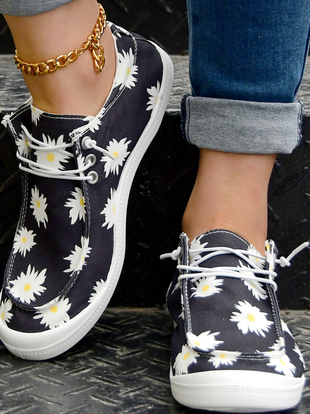 

Daisy Graphic-Print Lace-Up Canvas Flats, As picture, Sneakers