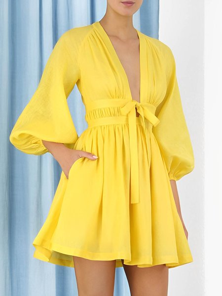 

Elegant V Neck Plain Pockets Dress, Yellow, Mini Dresses