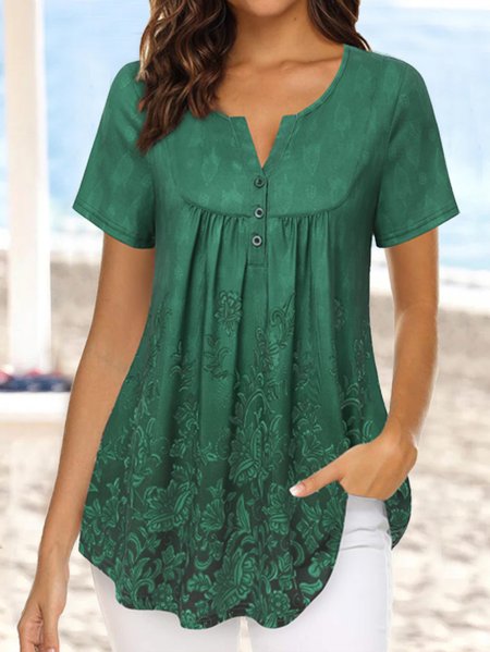 

Floral Crew Neck Casual Loose Shirt, Green, Shirts & Blouses