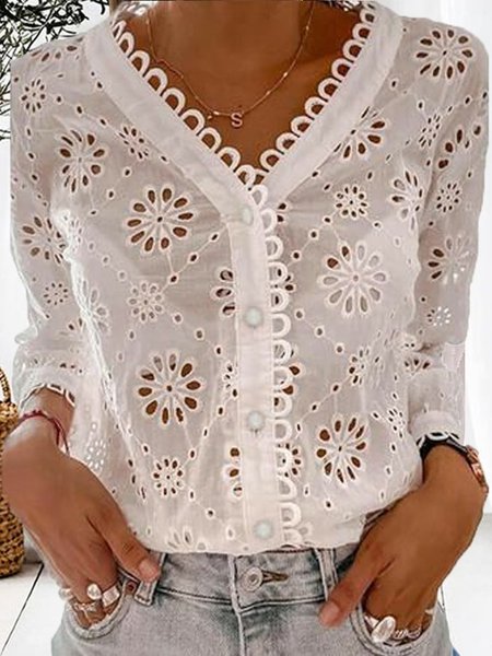 

Casual Cotton V Neck Loose Blouse, White, Shirts & Blouses