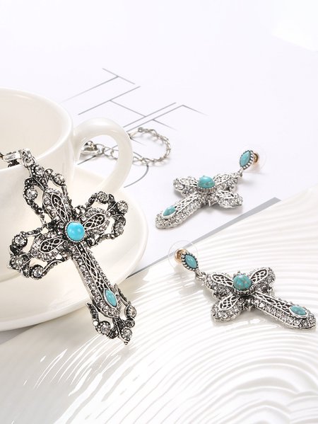 

Ethnic Vintage Turquoise Cross Necklace Earrings Set Boho Jewelry, Silver, Necklaces