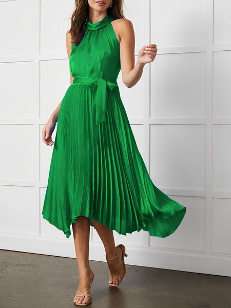 

Satin Elegant Pleated Halter Dress, Green, Midi Dresses