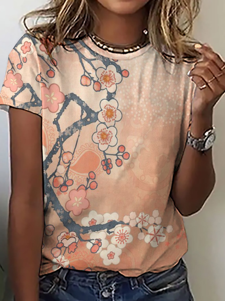 

Women's Simple Floral Loose Crew Neck T-Shirt, Orange, T-shirts