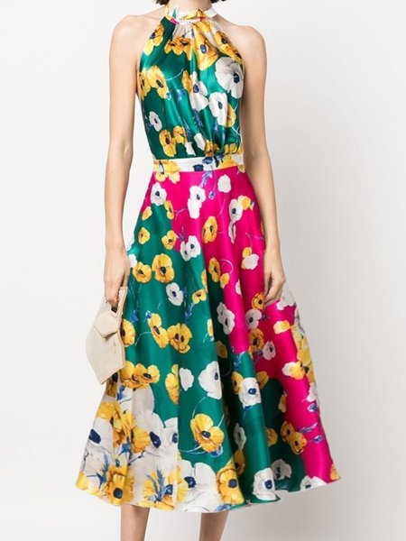 

Halter Floral Regular Fit Elegant Dress, Green, Midi Dresses