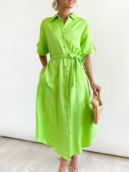 

Shirt Collar Plain Short Sleeve Urban Pockets Dress, Green, Midi Dresses