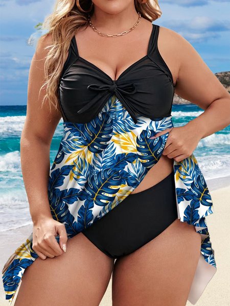 

Casual Plants Printing V Neck Swim Dress, Blue, swimwear>>Tankinis