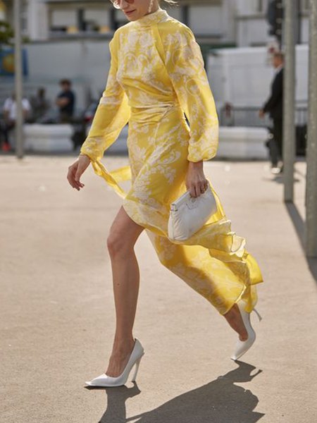 

Vacation Floral Regular Fit Crew Neck Dress, As picture, Midi Dresses