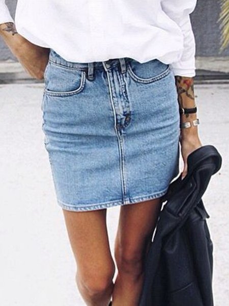 

Urban Plain Regular Fit Denim Skirt, Blue, Skirts