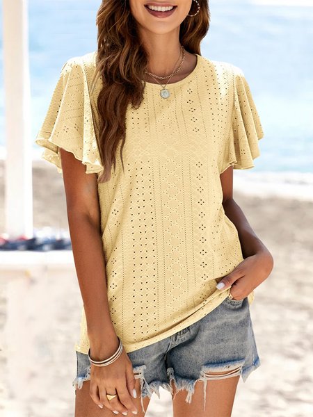 

Loose Crew Neck Plain Elegant Ruffled Sleeves Jacquard Fabric Shirt, Yellow, Shirts & Blouses
