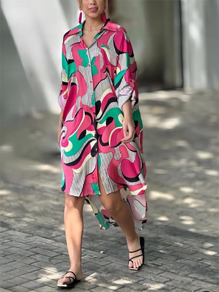 

Color Block Vacation Loose Shirt Collar Dress, As picture, Midi Dresses