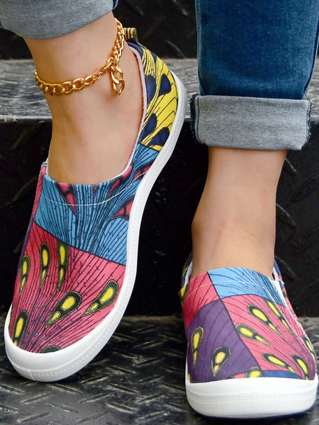 

Color Block Graphic-Print Canvas Flat Shoes, As picture, Sneakers