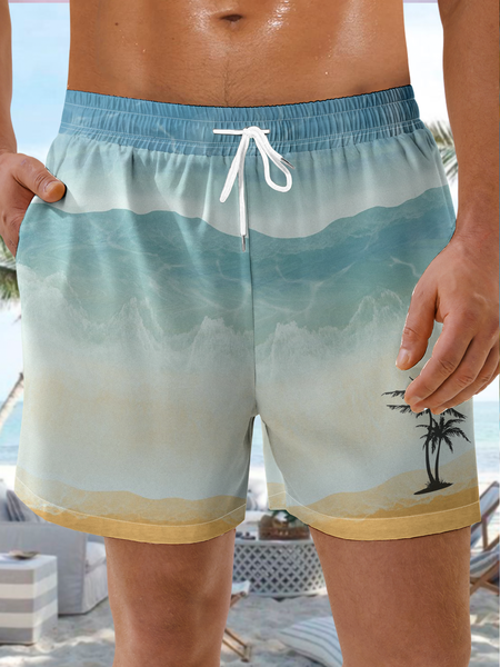 

Coconut Tree Drawstring Beach Shorts, Blue, Men's shorts