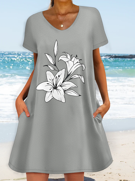 

Women's Casual V Neck Loose Floral Dress, Gray, Dresses