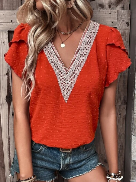 

Plain Casual Lace V Neck Shirt, Red, Shirts & Blouses