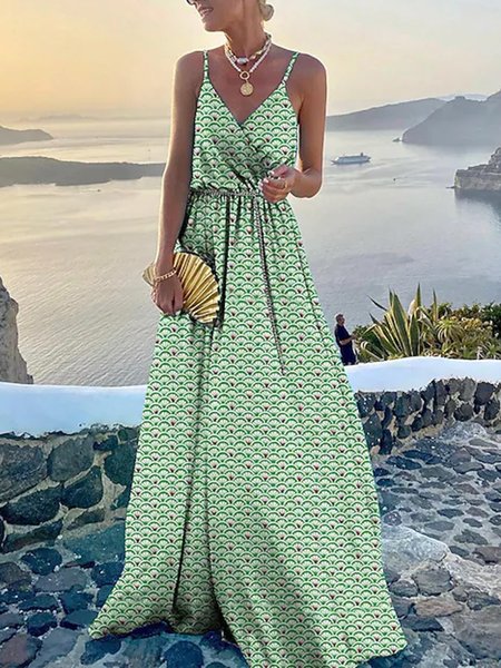 

Vacation V Neck Regular Fit Geometric Dress, Green, Maxi Dresses