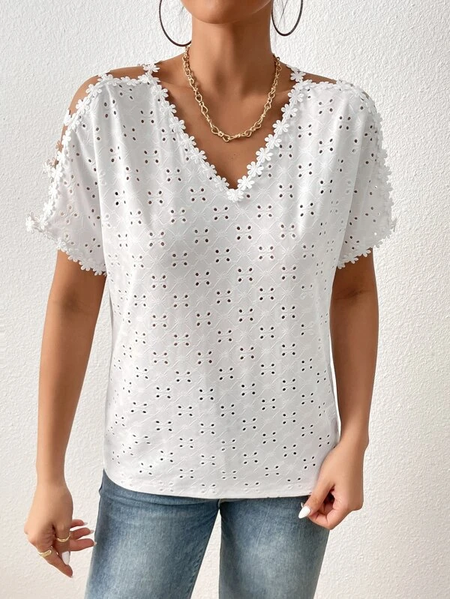 

Eyelet Embroidery Batwing Sleeve V Neck Shirt, White, Shirts & Blouses