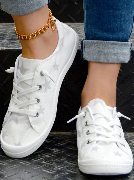 

Star Graphic-Print Lace-Up Canvas Flats, As picture, Sneakers