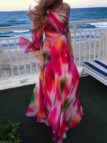 

Vacation Random Print Regular Fit One Shoulder Dress, As picture, Maxi Dresses