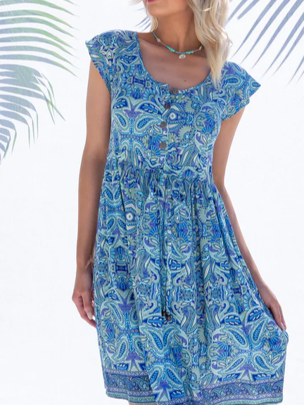 

V Neck Floral Vacation Dress, Blue, Dresses