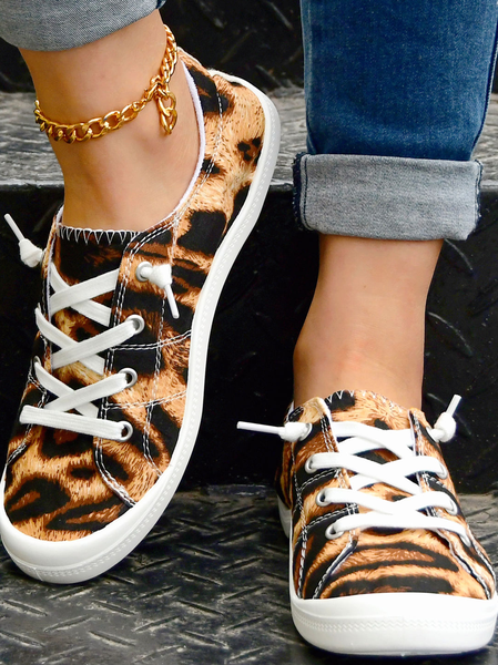 

Tiger Striped Graphic-Print Lace-Up Canvas Flats, As picture, Sneakers