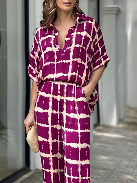 

Casual Loose Plaid V Neck Shirt, Rose red, Blouses and Shirts