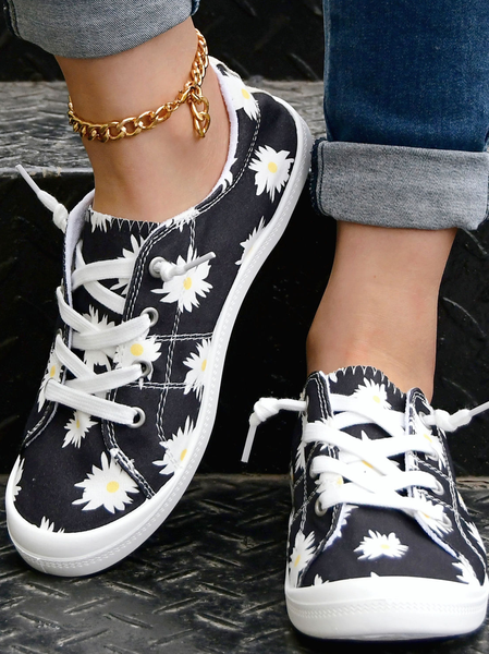 

Daisy Graphic-Print Lace-Up Canvas Flats, As picture, Sneakers