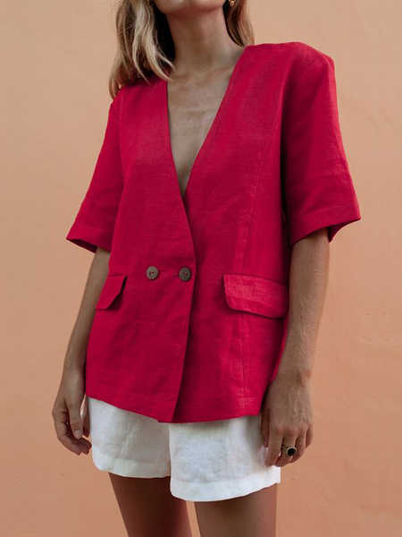 

Plain V Neck Short sleeve Urban Loose Blazer, Red, Blazers
