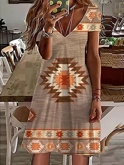 

V Neck Vintage Ethnic Dress, Khaki, Dresses