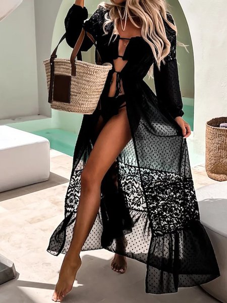 

Striped Lace Vacation Coverup, Black, swimwear>>Cover Ups