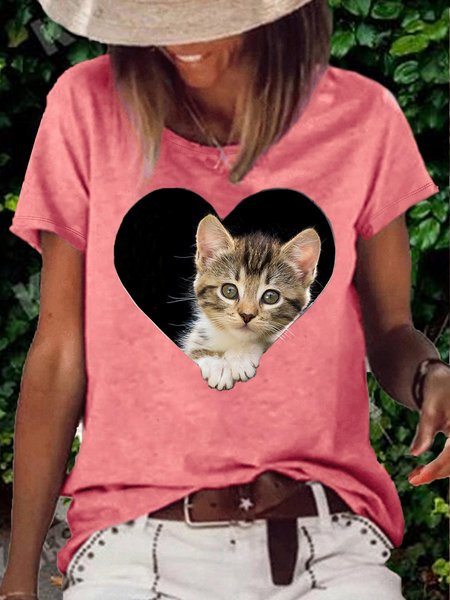 Women's Cat Lover Print Casual Crew Neck T-Shirt, Pink, T-shirts