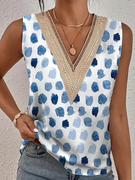 

V Neck Casual Geometric Tank Top, Blue, Tanks & Camis