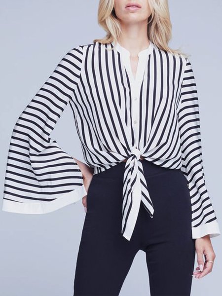 

Striped Crew Neck Elegant Regular Fit Blouse, White, Blouses and Shirts