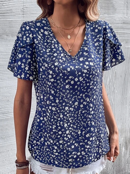 

Boho Loose Disty Floral V Neck Shirt, Dark blue, Shirts & Blouses