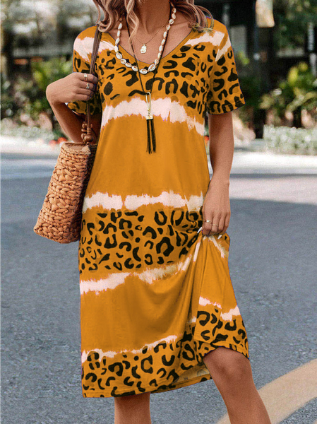 

Loose V Neck Leopard Casual Dress, Yellow, Dresses
