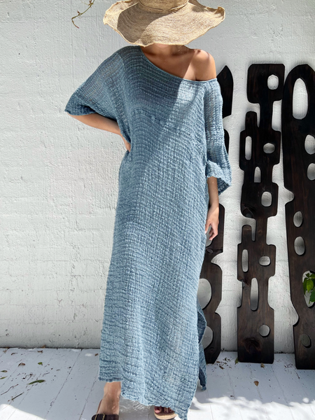 

Plain Cotton And Linen Crew Neck Linen Dress, Blue, Dresses